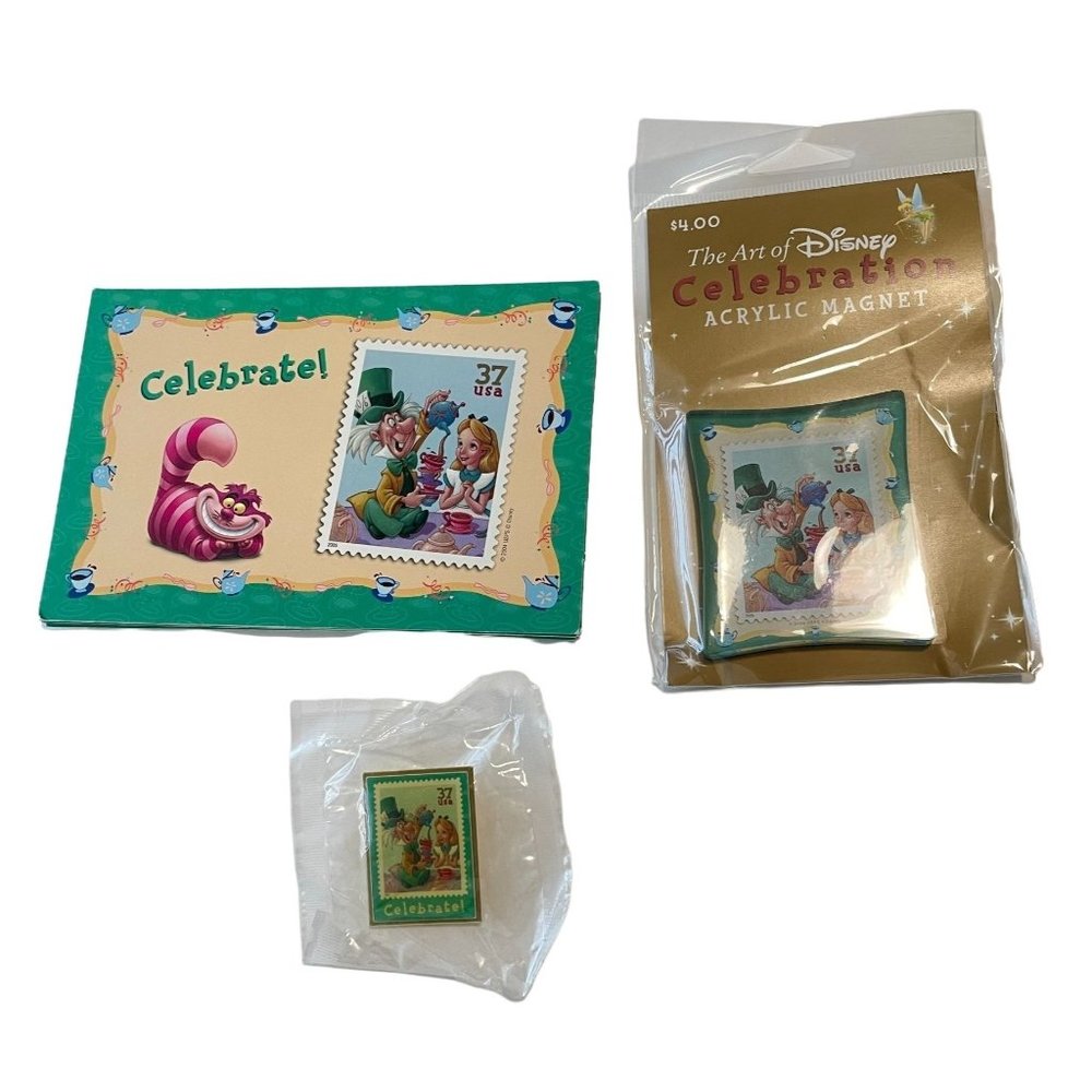 USPS The Art Of Disney Celebration Alice Mad Hatter Pin Postcard & Magnet Set
